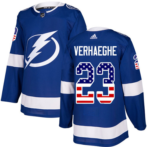 Adidas Tampa Bay Lightning #23 Carter Verhaeghe Blue Home Authentic USA Flag Youth Stitched NHL Jersey